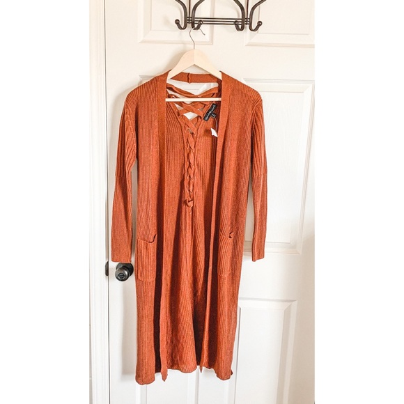 Derek Heart Sweaters - rust ribbed longline lace-up back duster cardigan